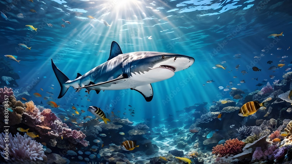 Obraz premium Hammerhead shark glides through the crystal clear waters sunlight filtering through the surface, Ai Generated