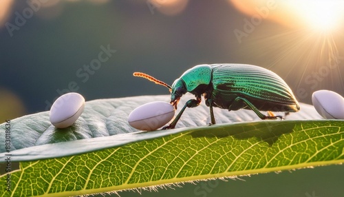 Morning Ritual: Chrysomelidae Beetle Laying Eggs on a Sunlit Leaf photo