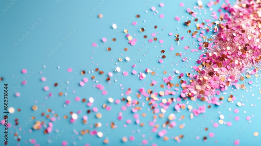 Vibrant pink and gold glitter scattered on a light blue background, creating a festive and colorful atmosphere perfect for celebrations and events. Vibrant pink and gold glitter scattered on a light blue background, creating a festive and colorful atmosphere perfect for celebrations and events.