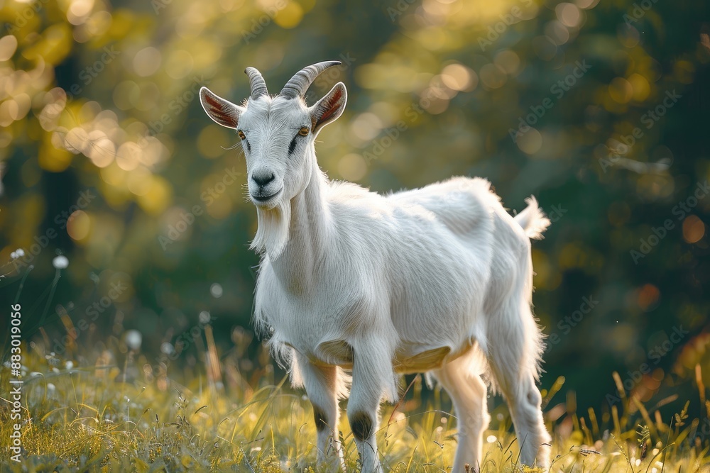 Domestic goat on green field. Goat with horns on the background of green trees. Pet. Domestic goat on green field. Goat with horns on the background of green trees. Pet.