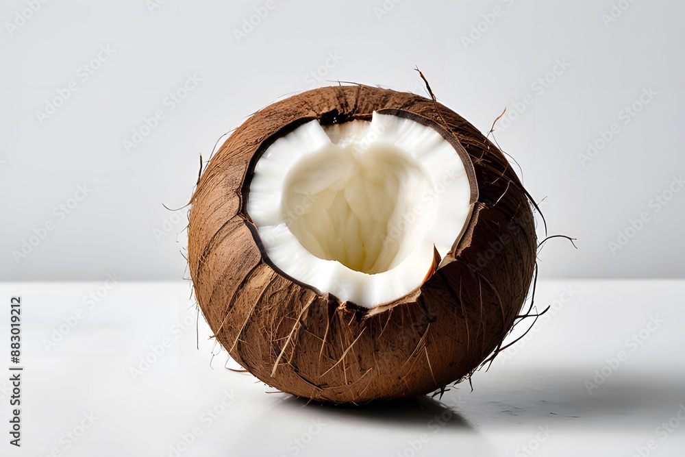 Close-up shot of ripe coconut on stark white background. Fresh tropical fruit detail Close-up shot of ripe coconut on stark white background. Fresh tropical fruit detail