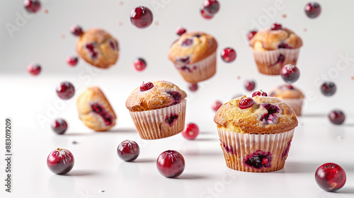 Freshly baked cranberry muffins levitating, autumn culinary concept, designed for advertising and branding, emphasizing scrumptious pastries, on white background © Kanchanit