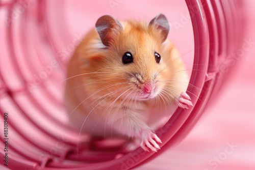 A pet hamster in a pink running wheel. A small fluffy hamster on pink bright background. Rodent. Pet. photo