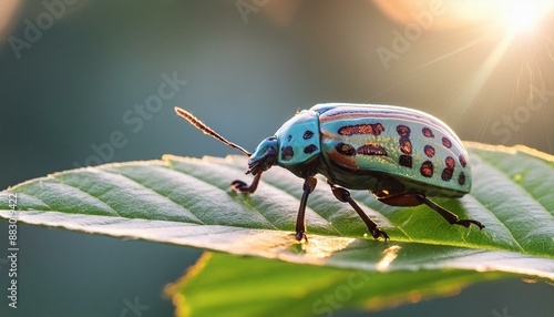 Morning Ritual: Chrysomelidae Beetle Laying Eggs on a Sunlit Leaf photo