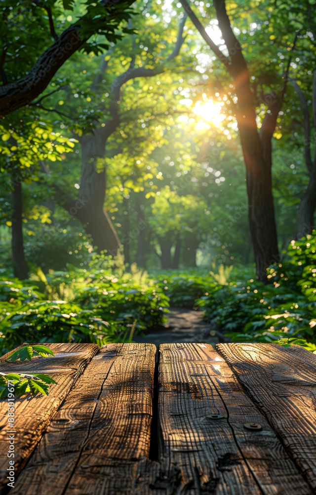 A wooden table with a view of a forest. The sun is shining through the trees, creating a warm and peaceful atmosphere A wooden table with a view of a forest. The sun is shining through the trees, creating a warm and peaceful atmosphere