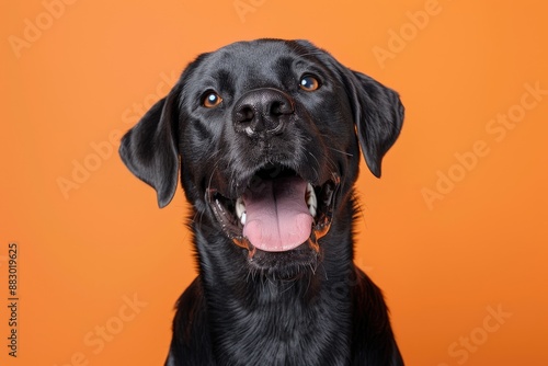 Black labrador on an orange background. Portrait of black labrador on a yellow background. A big dog. Pet. Animal