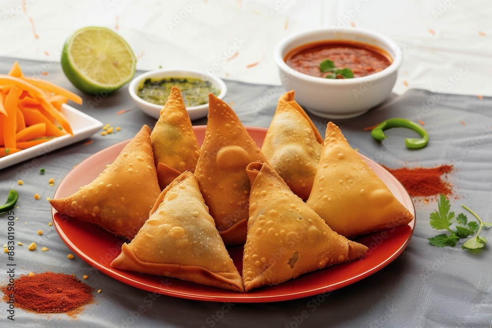 A vibrant plate of golden fried samosas garnished with fresh herbs, accompanied by various dipping condiments, highlighting a colorful and appetizing snack or appetizer experience. A vibrant plate of golden fried samosas garnished with fresh herbs, accompanied by various dipping condiments, highlighting a colorful and appetizing snack or appetizer experience.