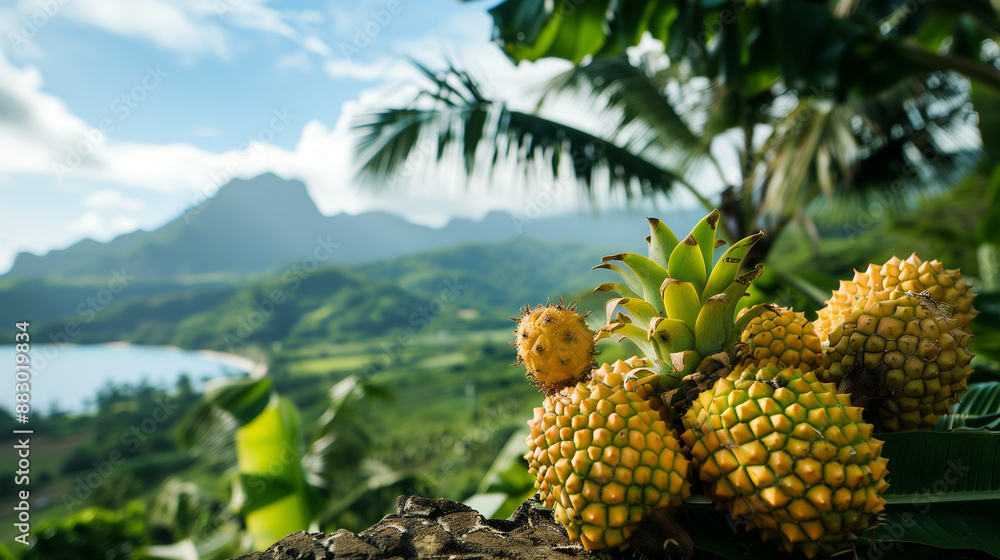 Pineapples on the background of a beautiful tropical landscape. Pineapples on the background of a beautiful tropical landscape.