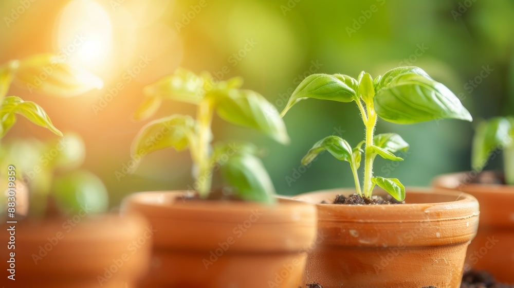Young plants growing in terracotta pots with sunlight in the background, symbolizing new beginnings and growth in a garden setting. Young plants growing in terracotta pots with sunlight in the background, symbolizing new beginnings and growth in a garden setting.