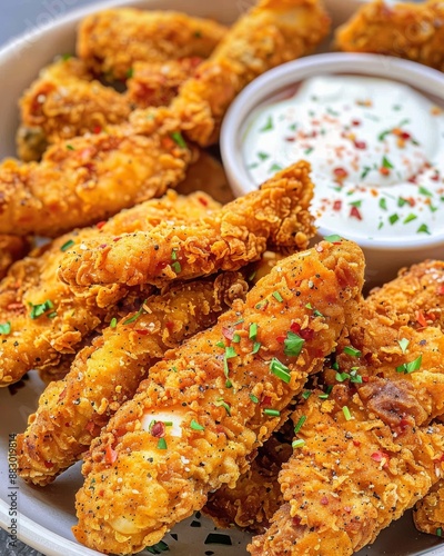 A dish of perfectly crispy fried chicken tenders seasoned with herbs and spices, served alongside a creamy dipping sauce, offering a mouth-watering savory treat.