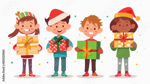 Four of Kids Holding Opening Getting Christmas New Year