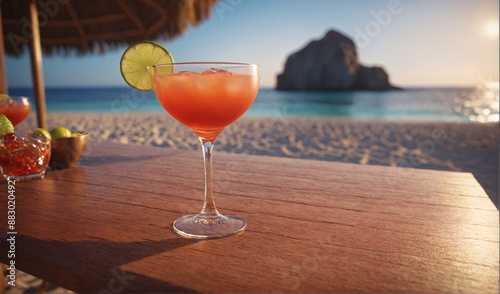 Refreshing cocktail in a glass on a wooden table in a beach club during sunset. Alcohol cocktails with ocean view. photo