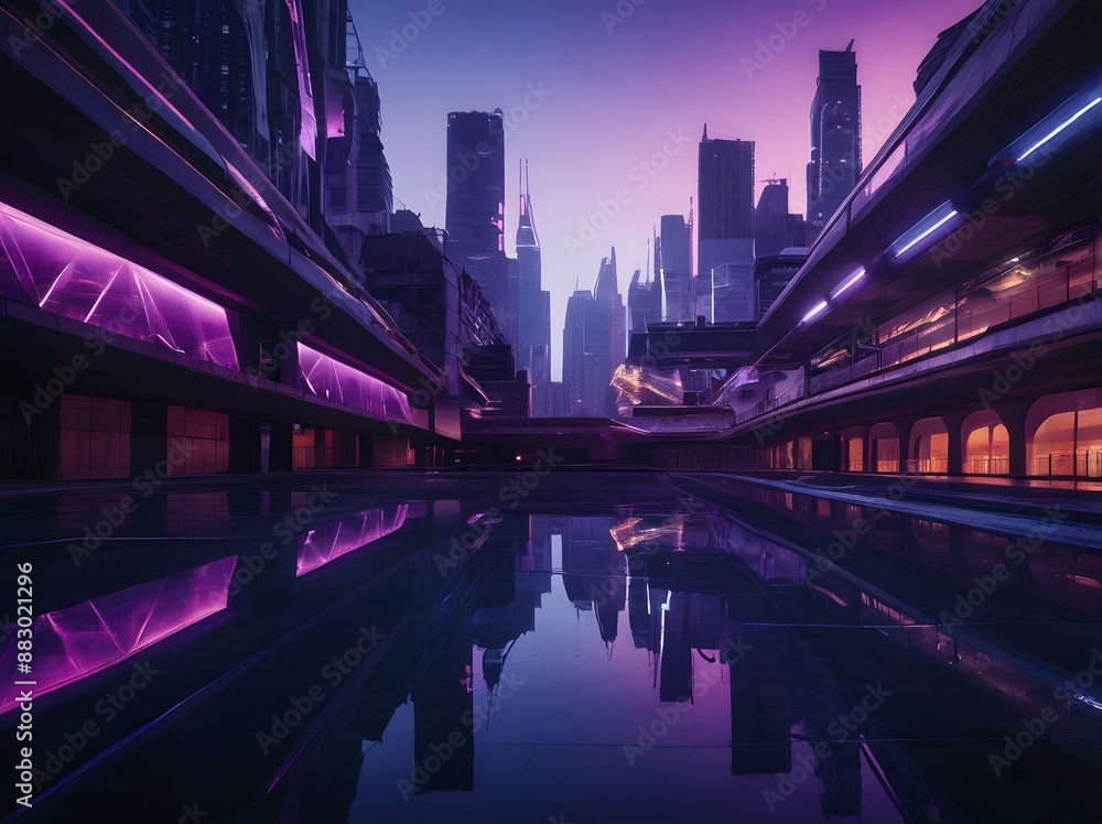 Fototapeta premium Futuristic cityscape with neon lights and geometric buildings Generated by Ai 