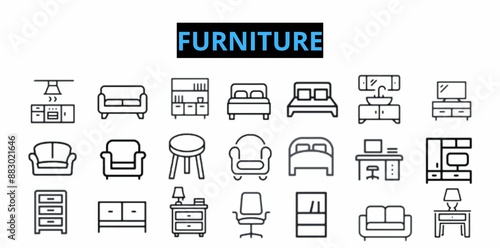 Furniture line icons set. Furniture outline icons with editable stroke collection. 