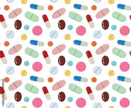 Seamless pattern with cute pills and capsules. Vector flat background