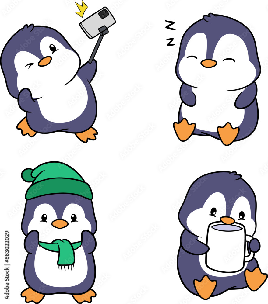 Fototapeta premium Attractive adorable penguin vector doing fun activities