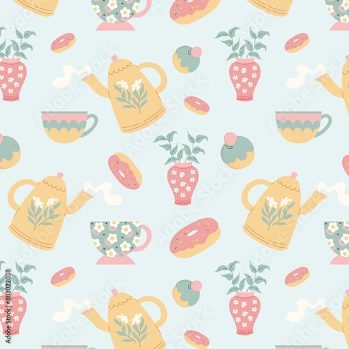 Seamless pattern with tea pots, cups, mugs and sweets on colorful background. Hand drawn cartoon dishes. Tea party. Vector illustration.
