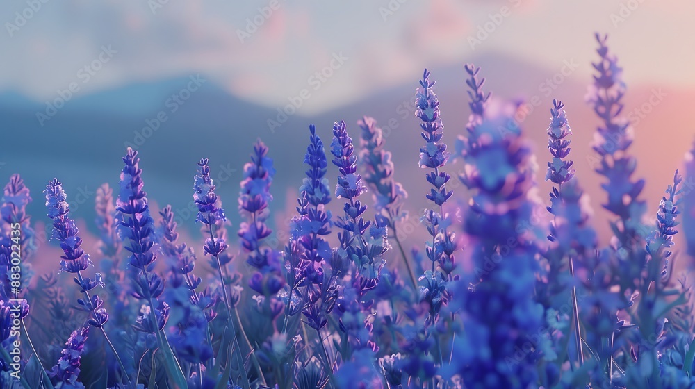 Fototapeta premium Fragrant blue lavender flowers blossoming on vast field in peaceful summer farmland. 