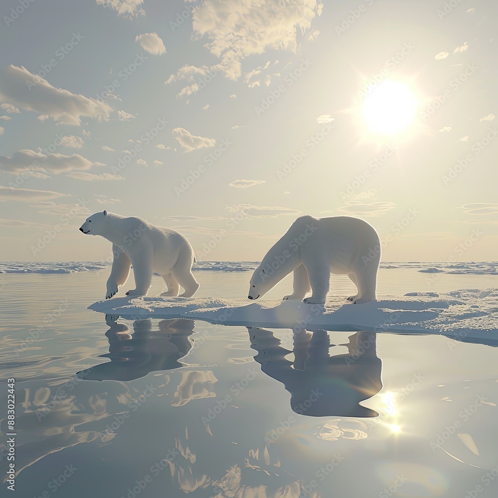 polar bear sow and cub walk on ice floe in norwegian arctic waters and illustrated against sun in distant horizon, wide angle of view polar bear sow and cub walk on ice floe in norwegian arctic waters and illustrated against sun in distant horizon, wide angle of view