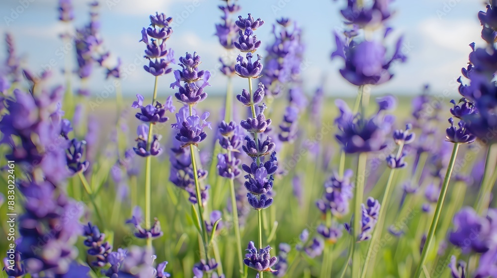 Fototapeta premium Fragrant blue lavender flowers blossoming on vast field in peaceful summer farmland.