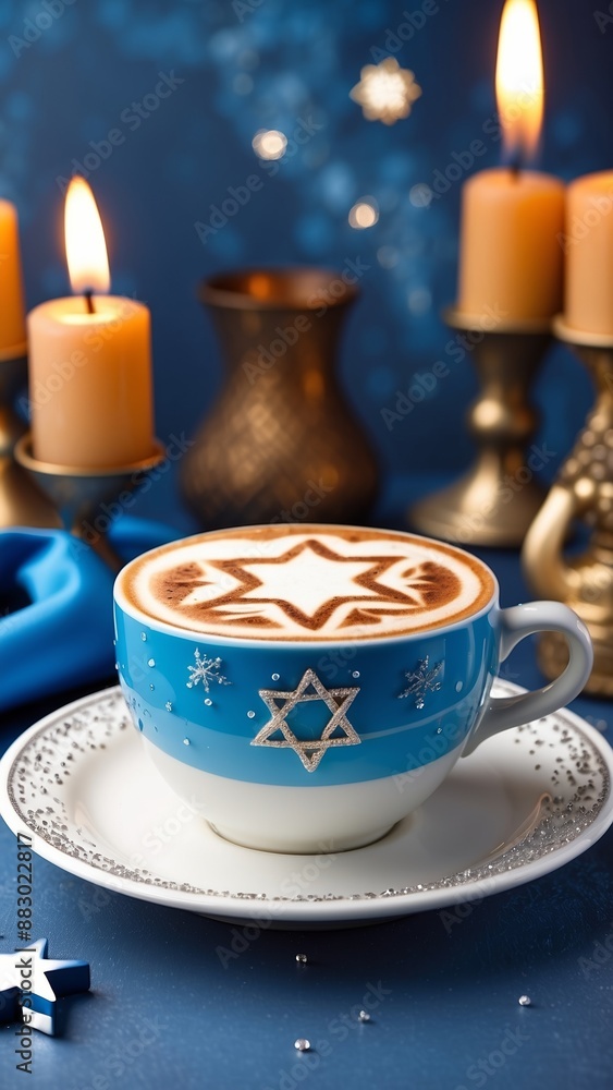 A festive cup of cappuccino with a Star of David design on foam, set against a backdrop of Hanukkah decorations and candles A festive cup of cappuccino with a Star of David design on foam, set against a backdrop of Hanukkah decorations and candles