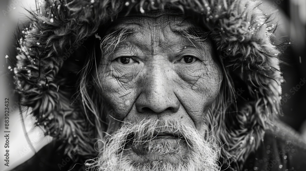 Black and white close-up portrait of an elderly man with a fur-lined hood Black and white close-up portrait of an elderly man with a fur-lined hood