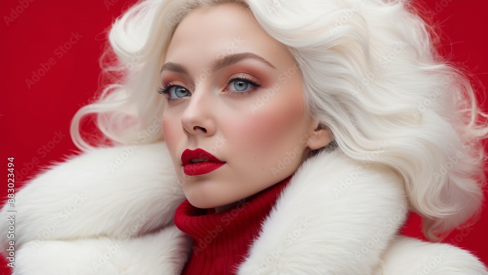 A glamorous woman with striking makeup and white fur attire A glamorous woman with striking makeup and white fur attire
