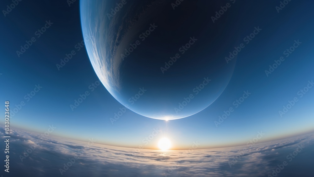 A panoramic view of a sunrise from space with a large celestial body on the horizon A panoramic view of a sunrise from space with a large celestial body on the horizon