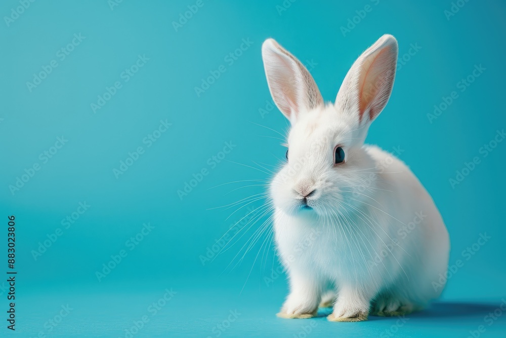 Obraz premium White rabbit on blue background. A fluffy little rabbit in a photo studio. Professional photo. Pet.