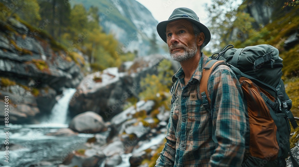 A man wearing a hat and a plaid shirt is standing near a river A man wearing a hat and a plaid shirt is standing near a river