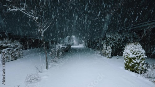 Walking on night street in cold winter snowstorm