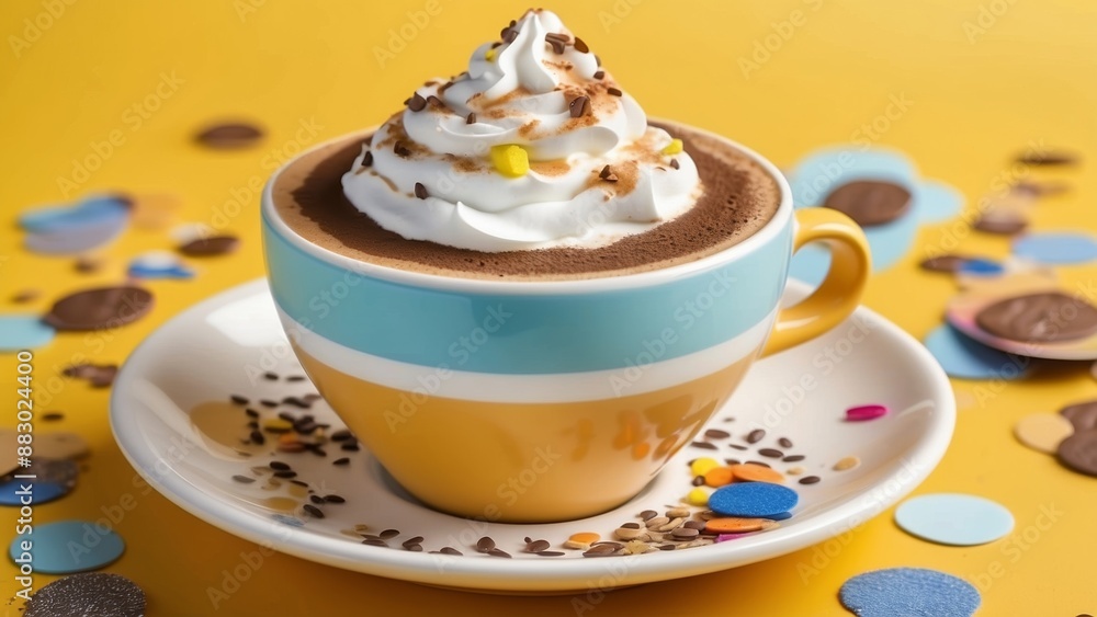 A vibrant cup of hot cocoa topped with whipped cream and sprinkles on a yellow background A vibrant cup of hot cocoa topped with whipped cream and sprinkles on a yellow background