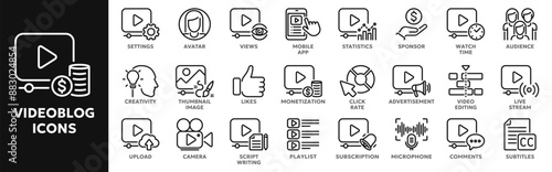 Set of vector line icons related to video blogging, video content making and editing, advertisement. Symbols for website or app ui, logo design, illustration