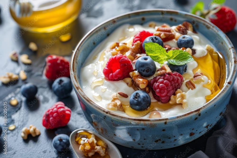 Bowl of Greek yogurt topped with honey, nuts, and fresh berries, a protein-rich and nutritious dessert option. Bowl of Greek yogurt topped with honey, nuts, and fresh berries, a protein-rich and nutritious dessert option.
