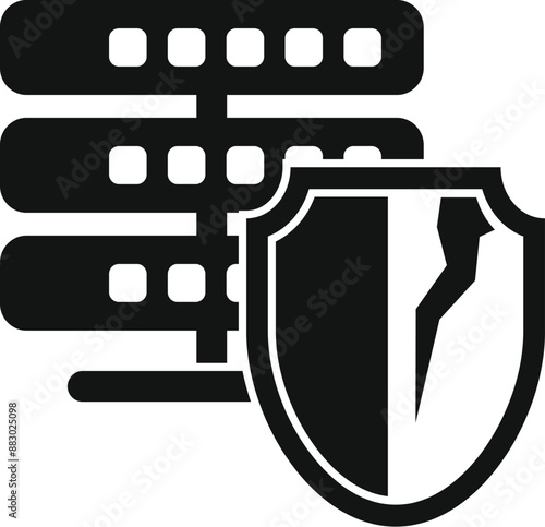 Black and white icon of a database server losing data protection from a cracked security shield