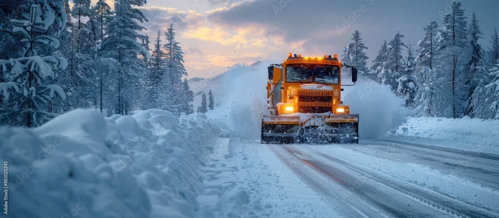 Snowplow Clearing a Snowy Road in a Winter Wonderland