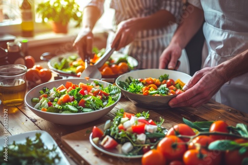 Wallpaper Mural Couple preparing a colorful salad together in the kitchen, promoting nutritious eating habits and teamwork. Torontodigital.ca