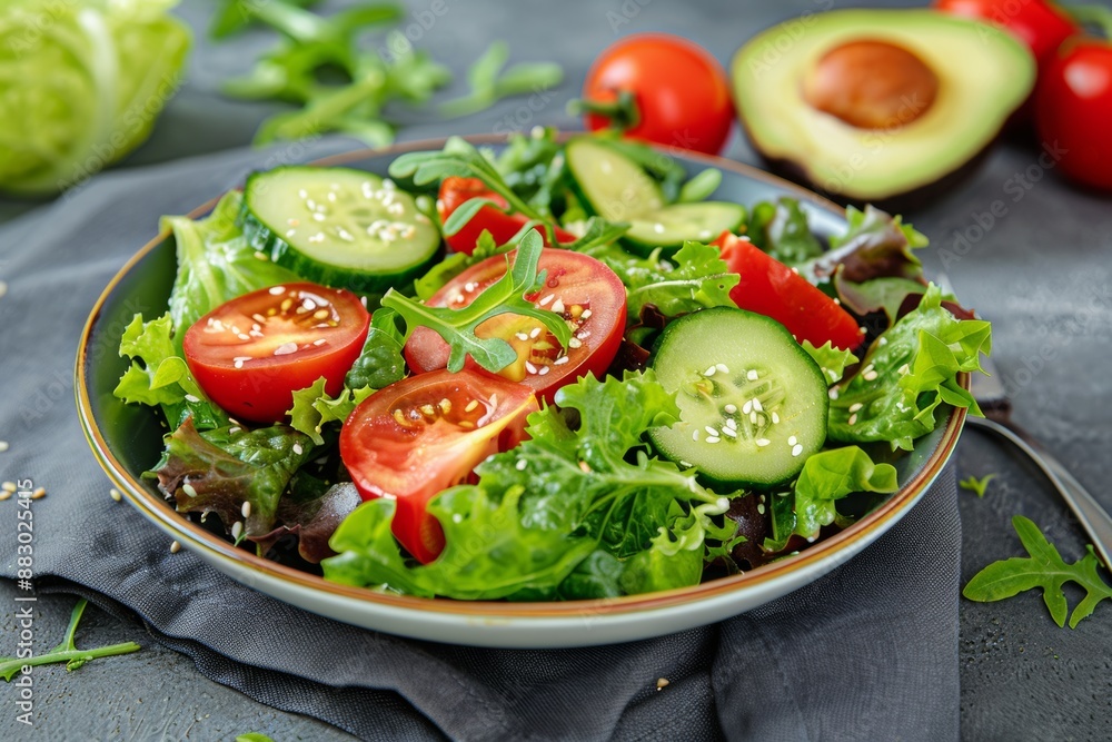 Fresh green salad with mixed greens, tomatoes, cucumbers, and avocado, a refreshing choice for nutritious eating. Fresh green salad with mixed greens, tomatoes, cucumbers, and avocado, a refreshing choice for nutritious eating.