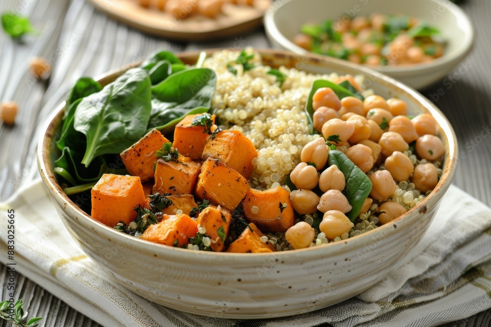 Nutritious grain bowl with quinoa, roasted sweet potatoes, chickpeas, and spinach, a satisfying and wholesome meal. Nutritious grain bowl with quinoa, roasted sweet potatoes, chickpeas, and spinach, a satisfying and wholesome meal.