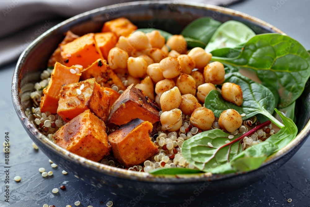 Nutritious grain bowl with quinoa, roasted sweet potatoes, chickpeas, and spinach, a satisfying and wholesome meal. Nutritious grain bowl with quinoa, roasted sweet potatoes, chickpeas, and spinach, a satisfying and wholesome meal.