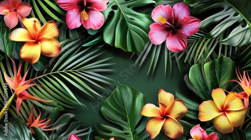 Wallpaper Mural Tropical Birthday Banner Design with Palm Leaves and Exotic Flowers for Summer Celebrations Torontodigital.ca