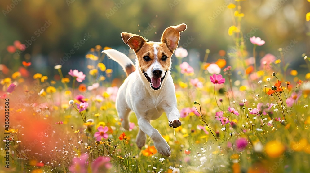 A cheerful dog running exuberantly across a colorful flower field in full bloom, bathed in the warm glow of a sunny day, eyes directed away from the camera. Shot with a Nikon D850 50 mm lens at A cheerful dog running exuberantly across a colorful flower field in full bloom, bathed in the warm glow of a sunny day, eyes directed away from the camera. Shot with a Nikon D850 50 mm lens at