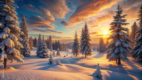 winter sunset in a winter wonderland landscape with plenty of snow and snow covered trees, generative ai photo