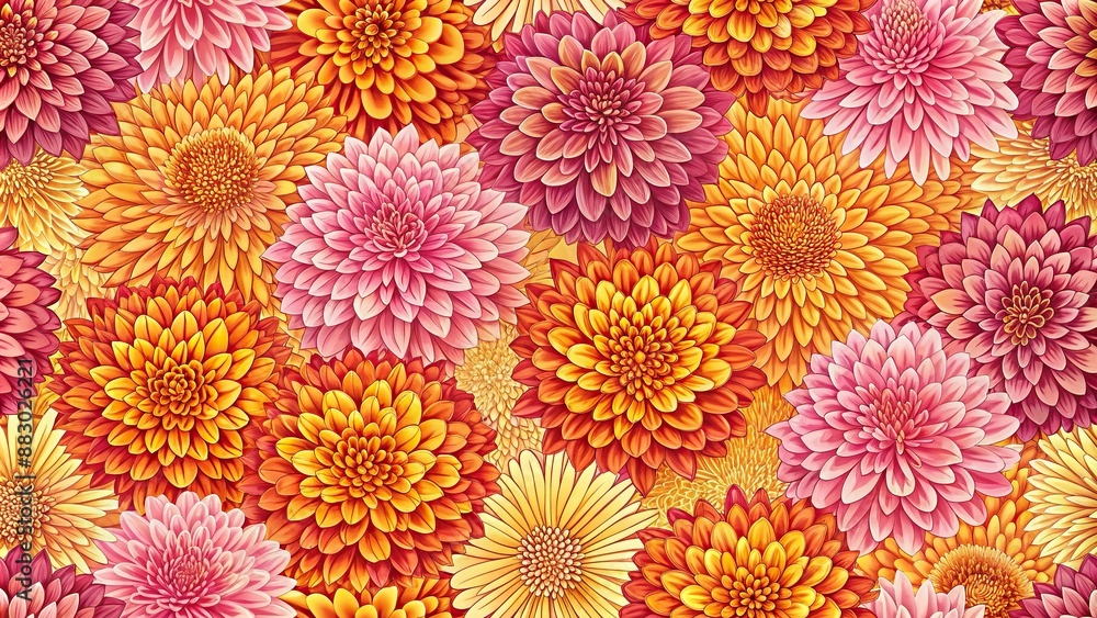 Vibrant, intricate seamless pattern of stylized chrysanthemum flowers in shades of pink, yellow, and orange, perfect for textile, decor, and design projects.