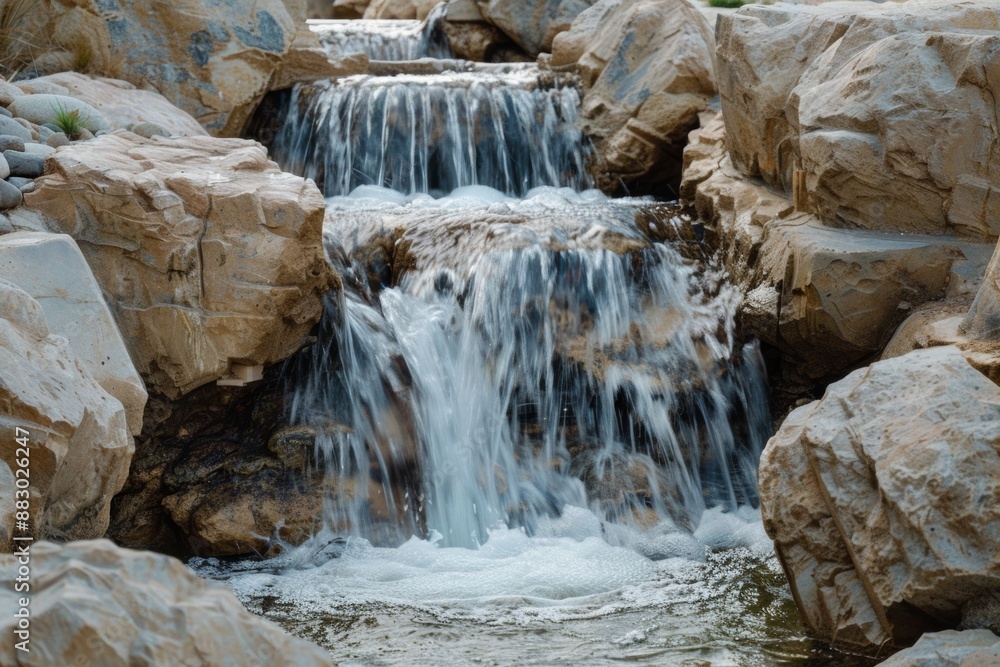 Pristine waterfall cascading down rugged rocks amidst a serene natural landscape. Pristine waterfall cascading down rugged rocks amidst a serene natural landscape.