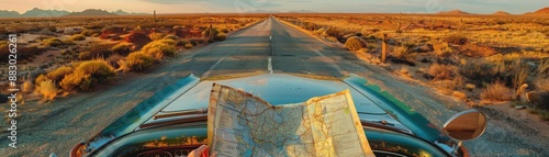 Vintage car on an open road, person holding a map, vast desert landscape, sunset lighting, realistic style, warm colors, adventurous and nostalgic mood