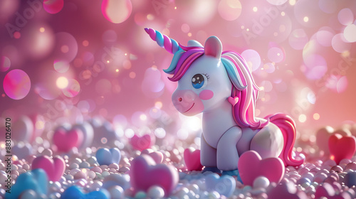 A colorful unicorn with hearts on its sides and a floral mane, celebrates Valentine's Day, its rainbow colors and cute eyes add magic to the holiday.
