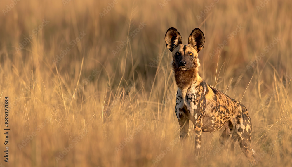 Fototapeta premium Wild Dog in African savannas, Nature Wallpaper Background with Copy Space