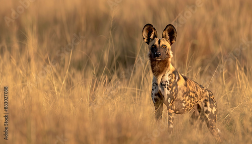 Wild Dog in African savannas, Nature Wallpaper Background with Copy Space photo