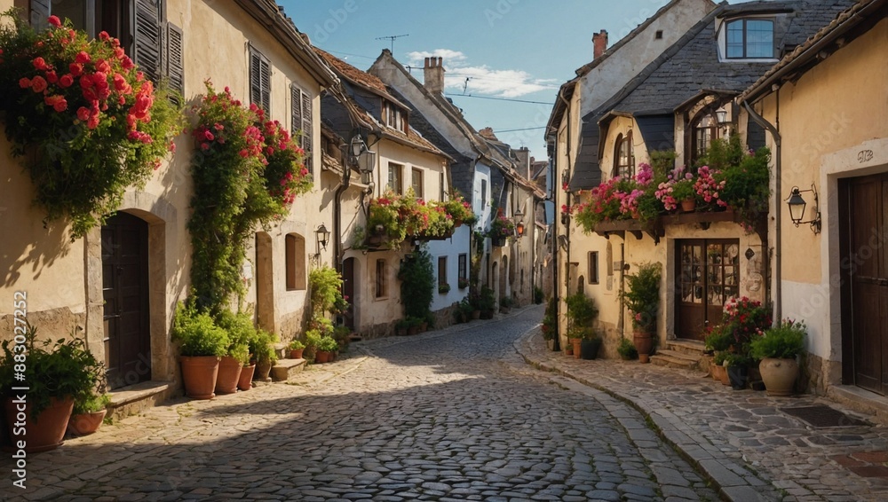 A charming cobble stone street winding A charming cobble stone street winding